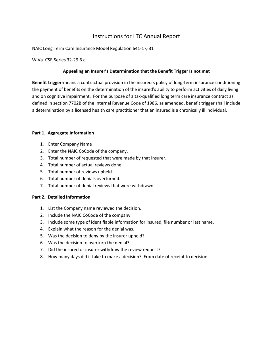 Instructions for Long Term Care Annual Report for Independent Review Organizations - West Virginia, Page 1