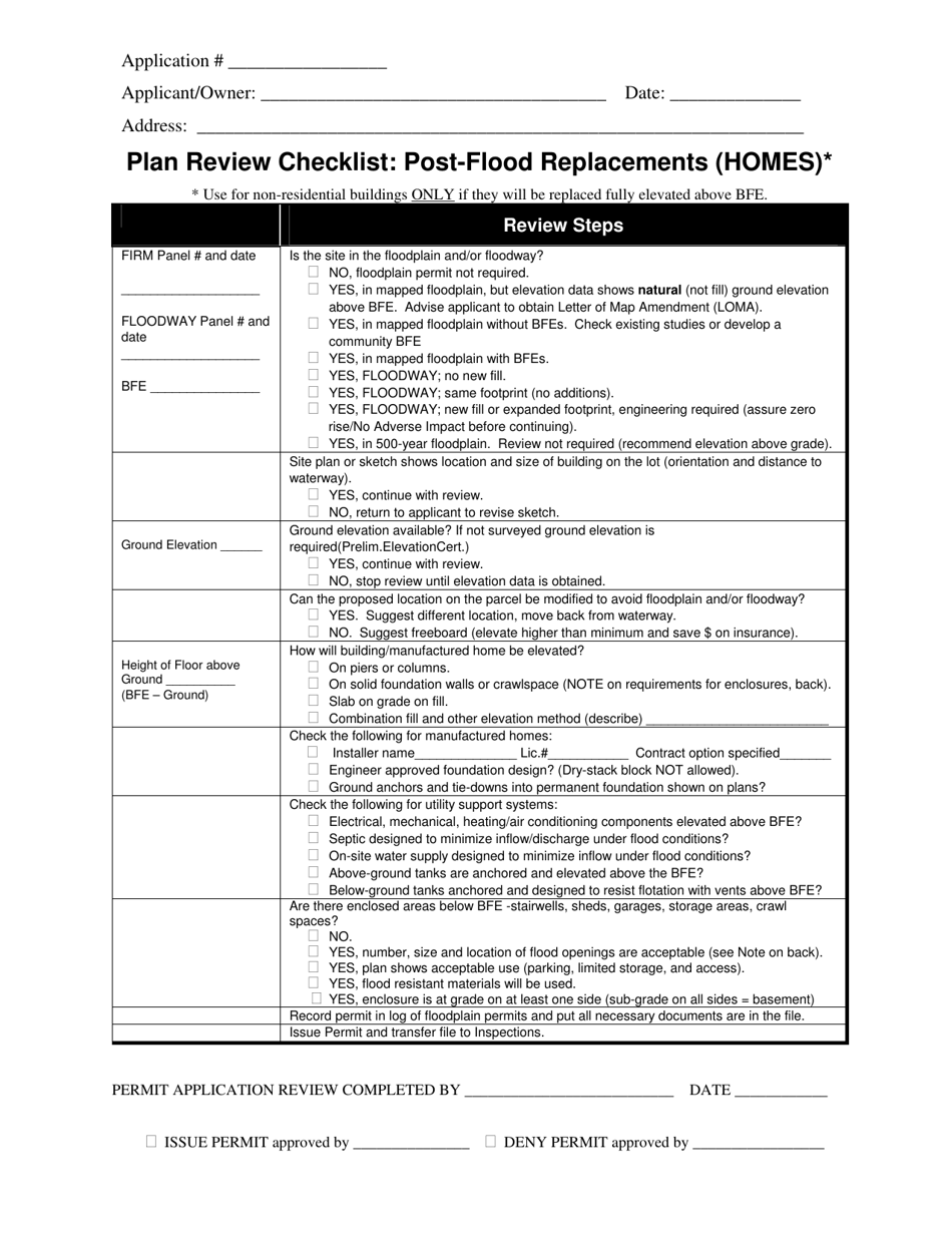 Plan Review Checklist: Post-flood Replacements (Homes) - West Virginia, Page 1