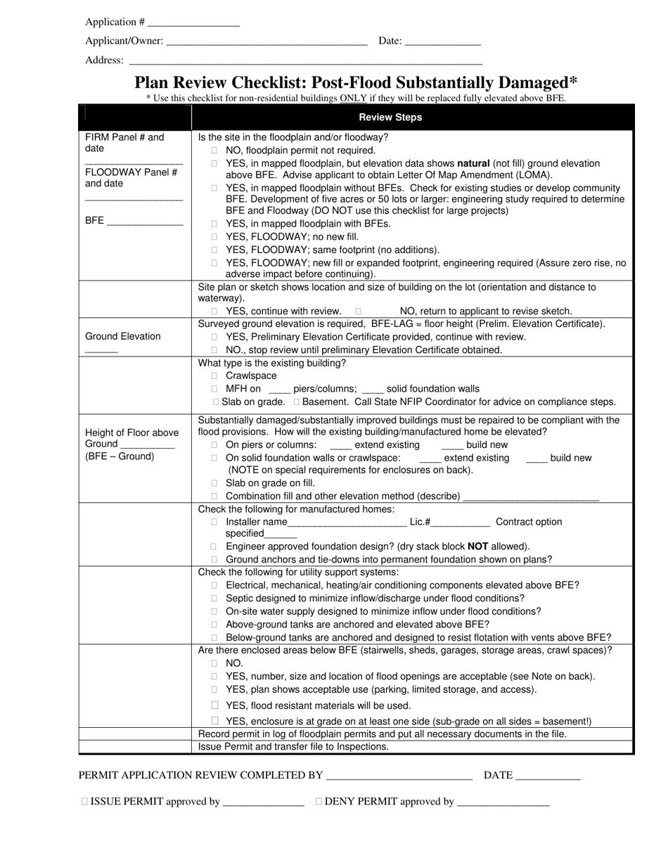 Plan Review Checklist: Post-flood Substantially Damaged - West Virginia, Page 1