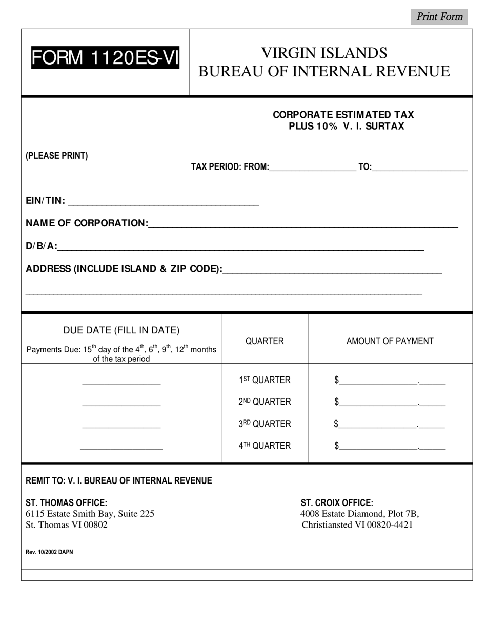 Form 1120ES-VI Corporate Estimated Tax - Virgin Islands, Page 1