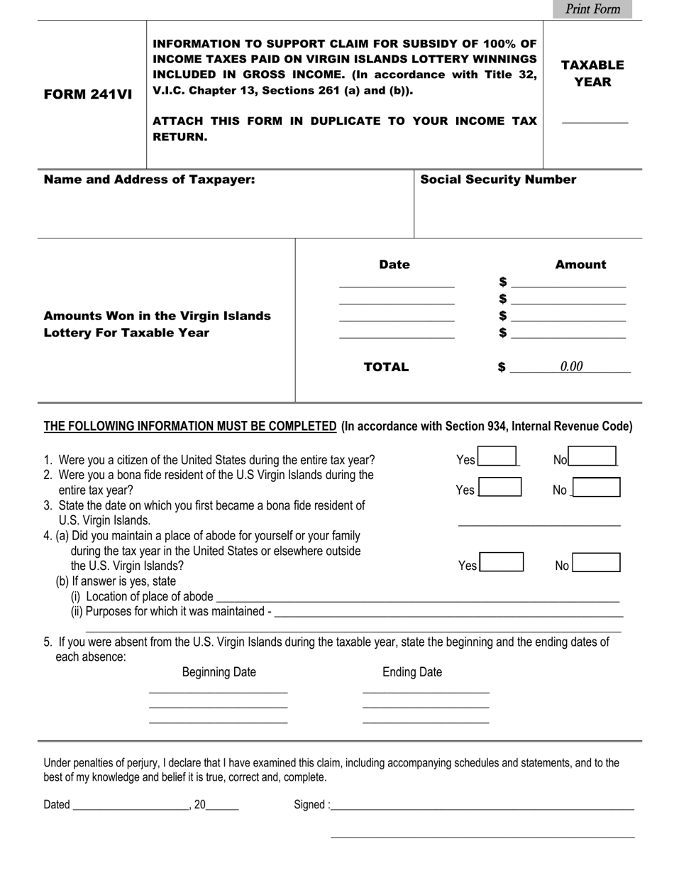Form 241VI Lottery Subsidy - Virgin Islands, Page 1