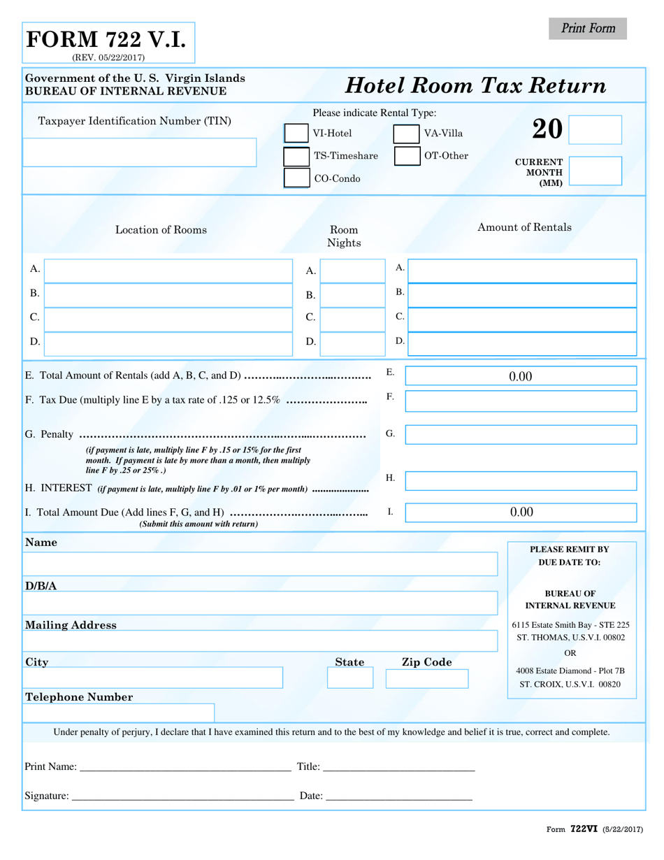 Form 722VI Hotel Room Tax Return - Virgin Islands, Page 1