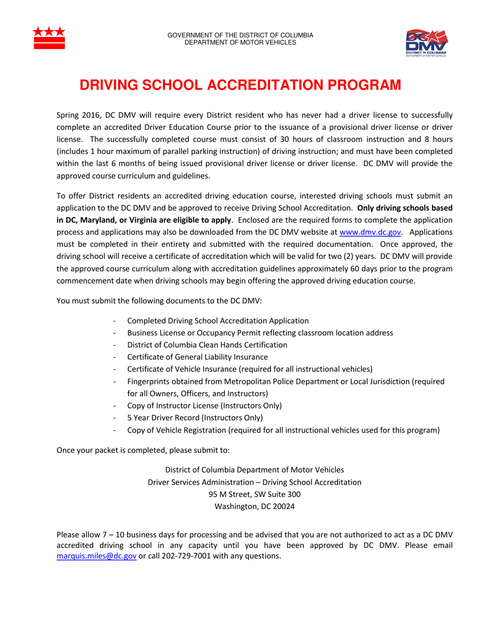 Form DMV-PRA-001 Driving School Accreditation Application - Washington, D.C., Page 1