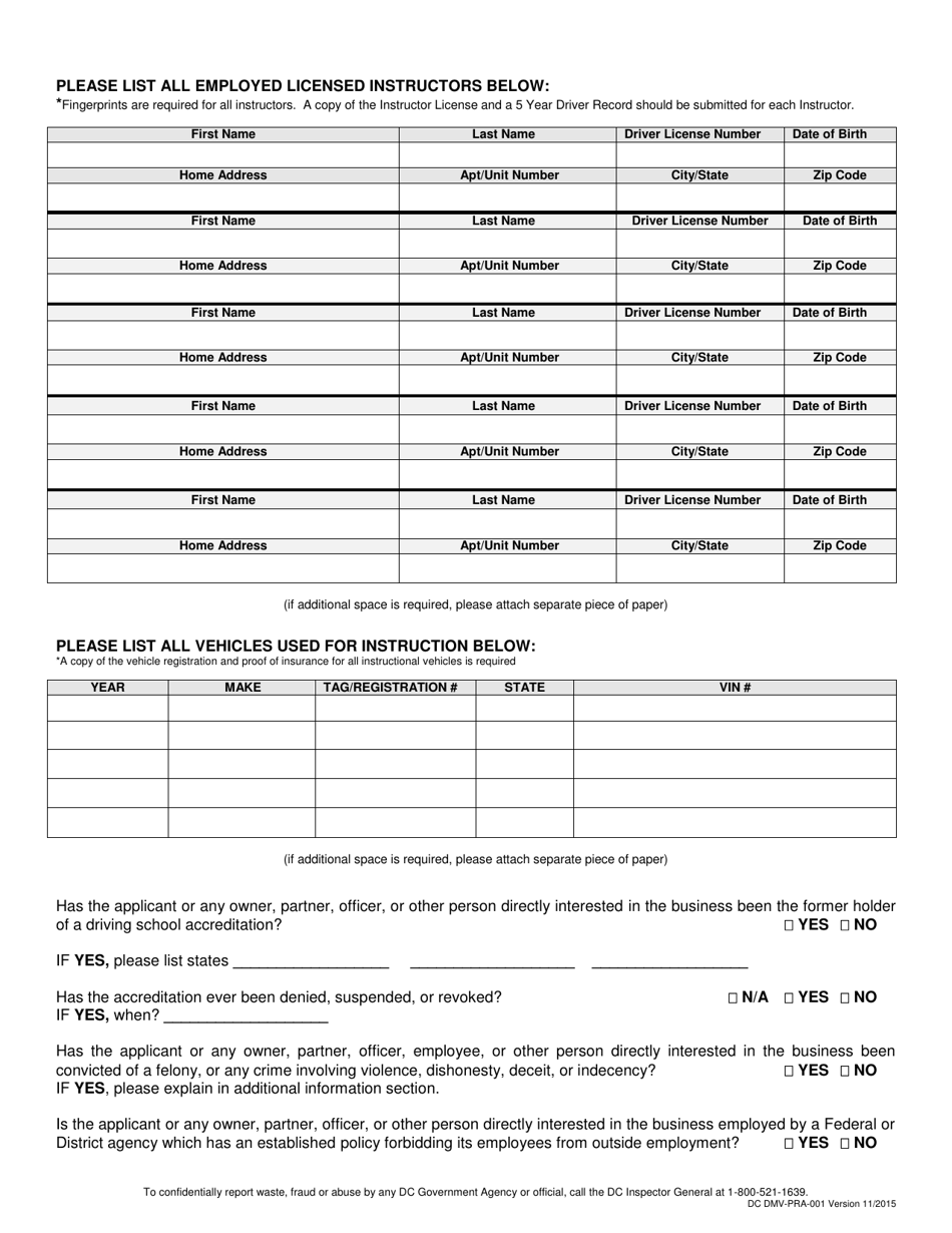 Form DMV-PRA-001 Driving School Accreditation Application - Washington, D.C., Page 3
