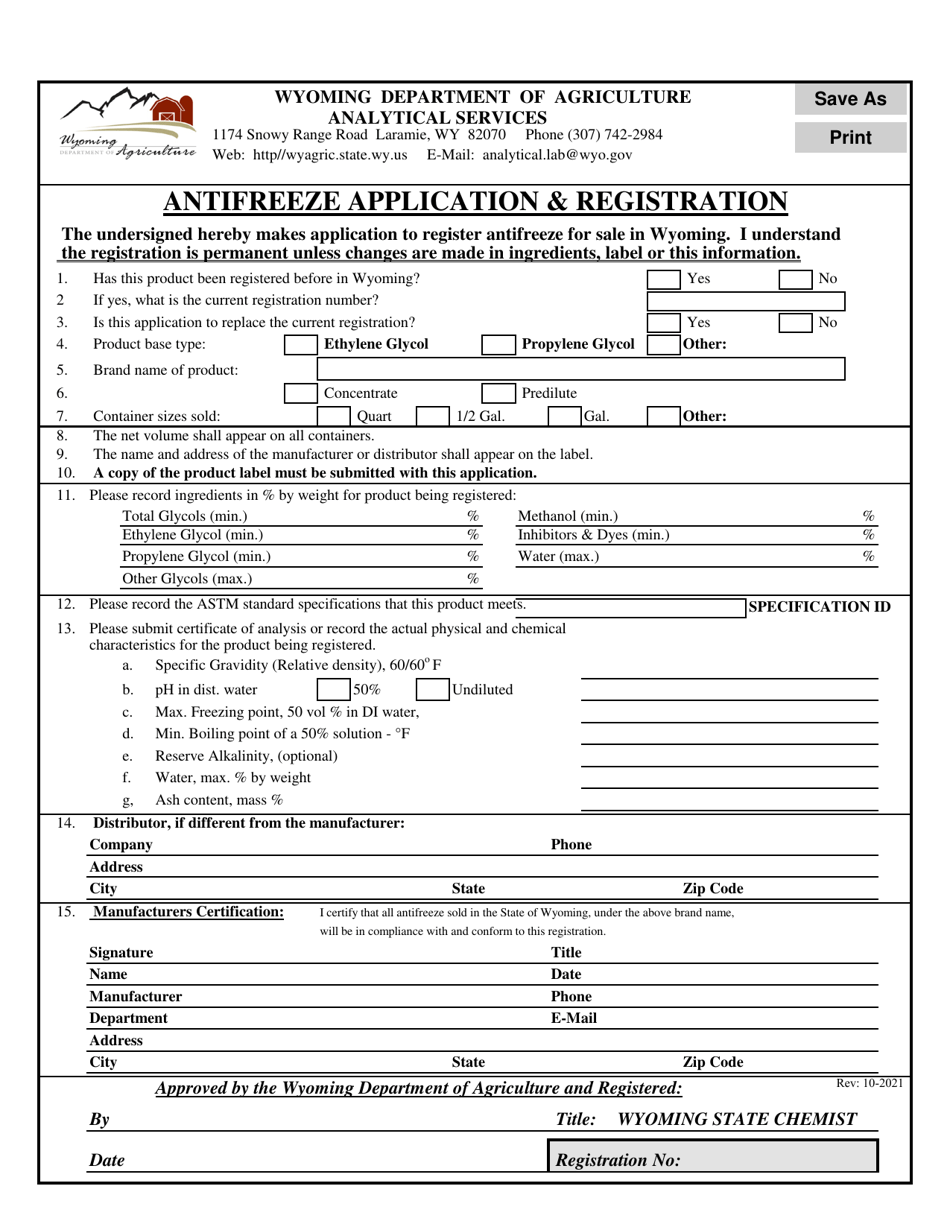 Antifreeze Application  Registration - Wyoming, Page 1