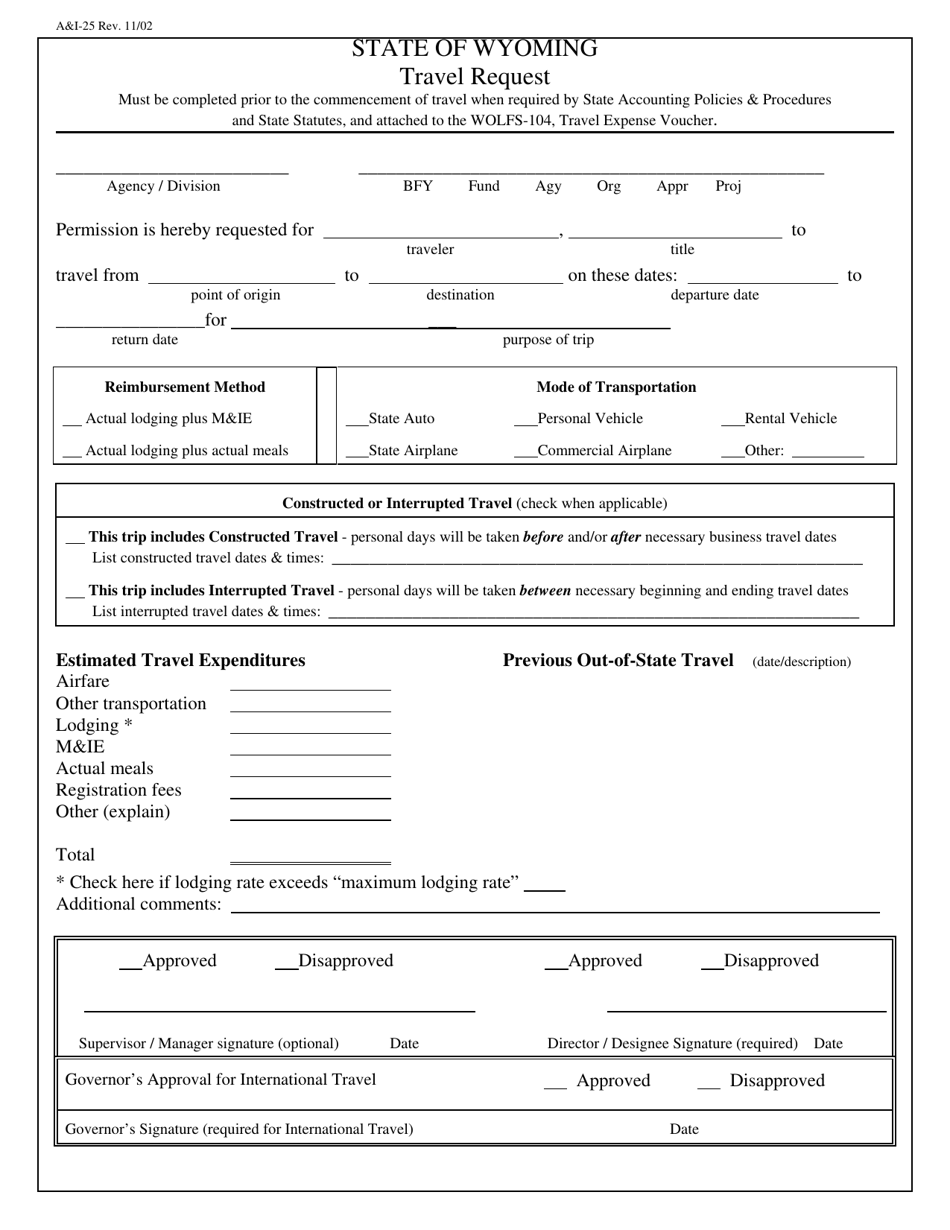 Form AI-25 Travel Request - Wyoming, Page 1