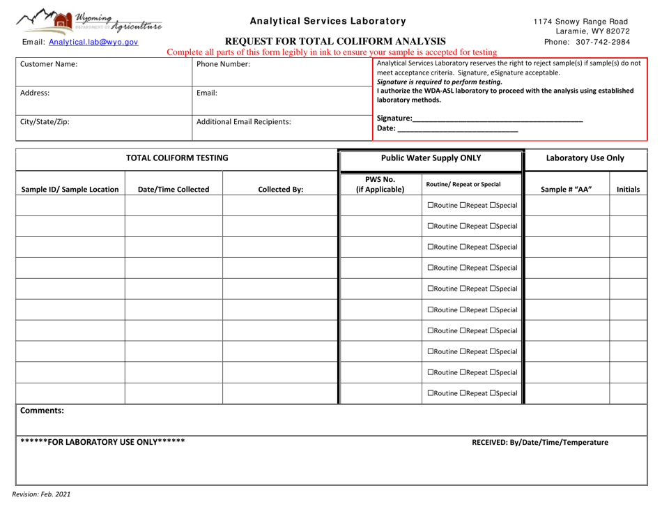 Request for Total Coliform Analysis - Wyoming, Page 1