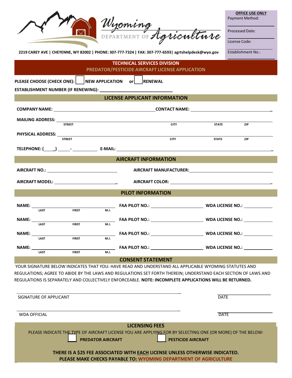 Predator/Pesticide Aircraft License Application - Wyoming, Page 1