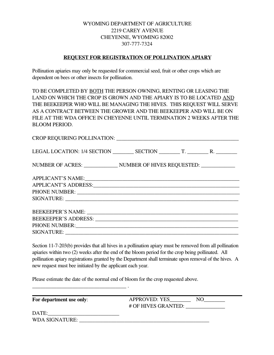Request for Registration of Pollination Apiary - Wyoming, Page 1