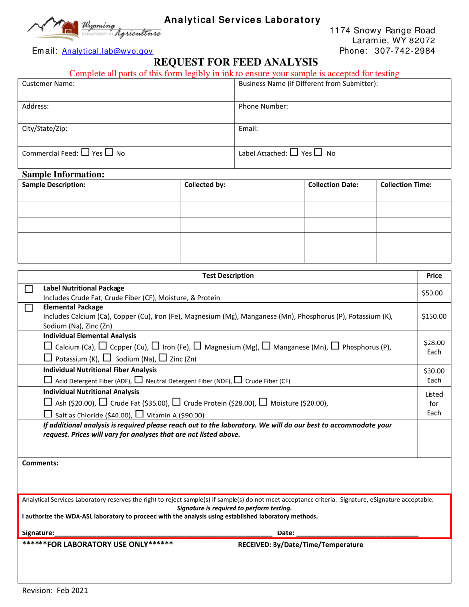 Request for Feed Analysis - Wyoming, Page 1