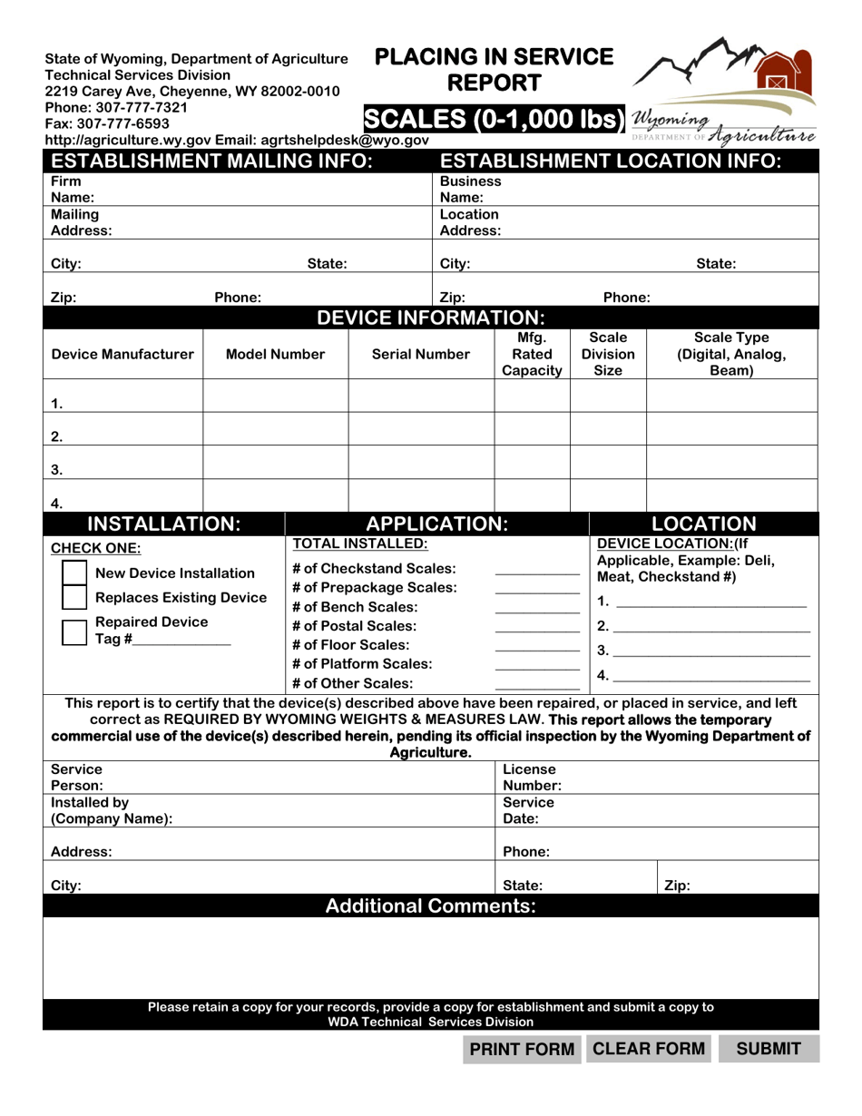 Placing in Service Report - Scales (0-1,000 Lbs) - Wyoming, Page 1