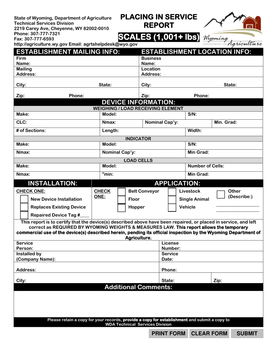 Placing in Service Report - Scales (1,001+ Lbs) - Wyoming, Page 1