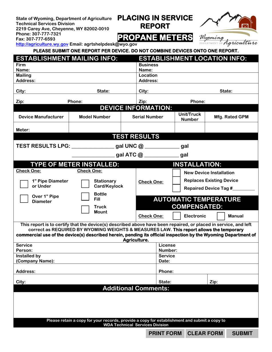 Placing in Service Report - Propane Meters - Wyoming, Page 1