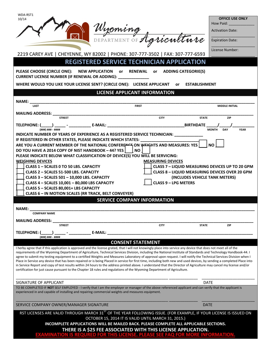 Form WDA-RST1 Registered Service Technician Application - Wyoming, Page 1