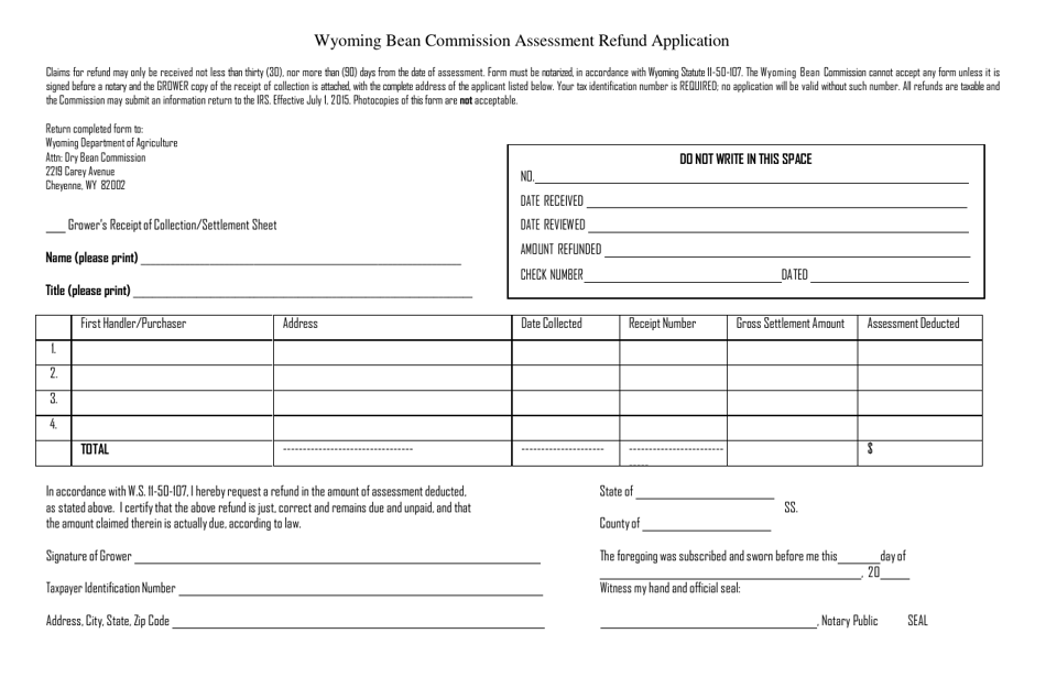 Assessment Refund Application - Wyoming Bean Commission - Wyoming, Page 1