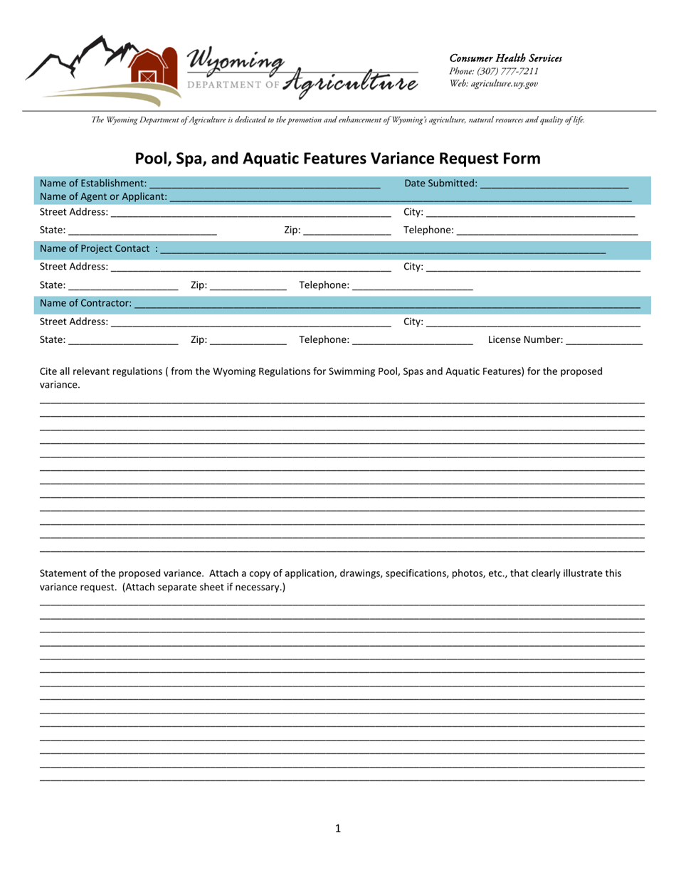 Pool, SPA, and Aquatic Features Variance Request Form - Wyoming, Page 1