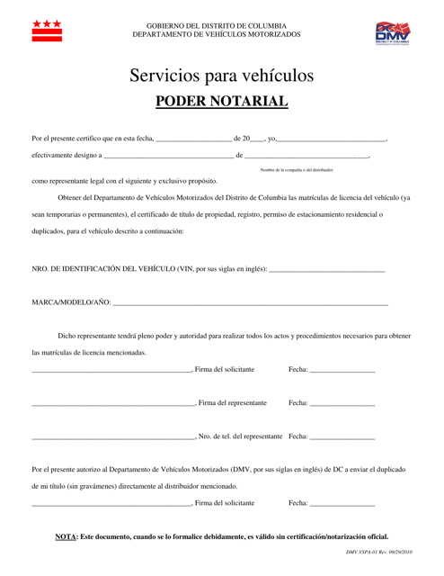 Formulario DMV-VSPA-01 Servicios Para Vehiculos Poder Notarial - Washington, D.C. (Spanish)
