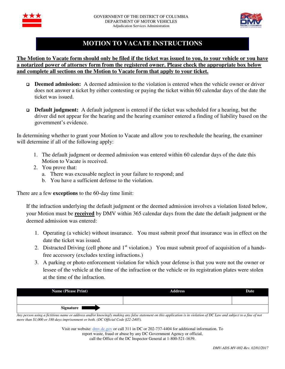 Instructions for Form DMV-ADS-MV-001 Motion to Vacate - Washington, D.C., Page 1