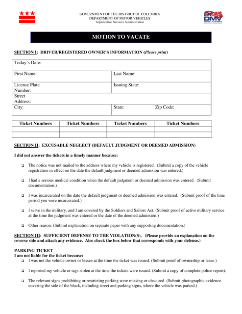 Form DMV-ADS-MV-001 Motion to Vacate - Washington, D.C.