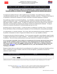 Document preview: Formulario DMV-ADS-PE-001 Explicacion De La Audiencia Sin Turno Por Fotomulta - Washington, D.C. (Spanish)