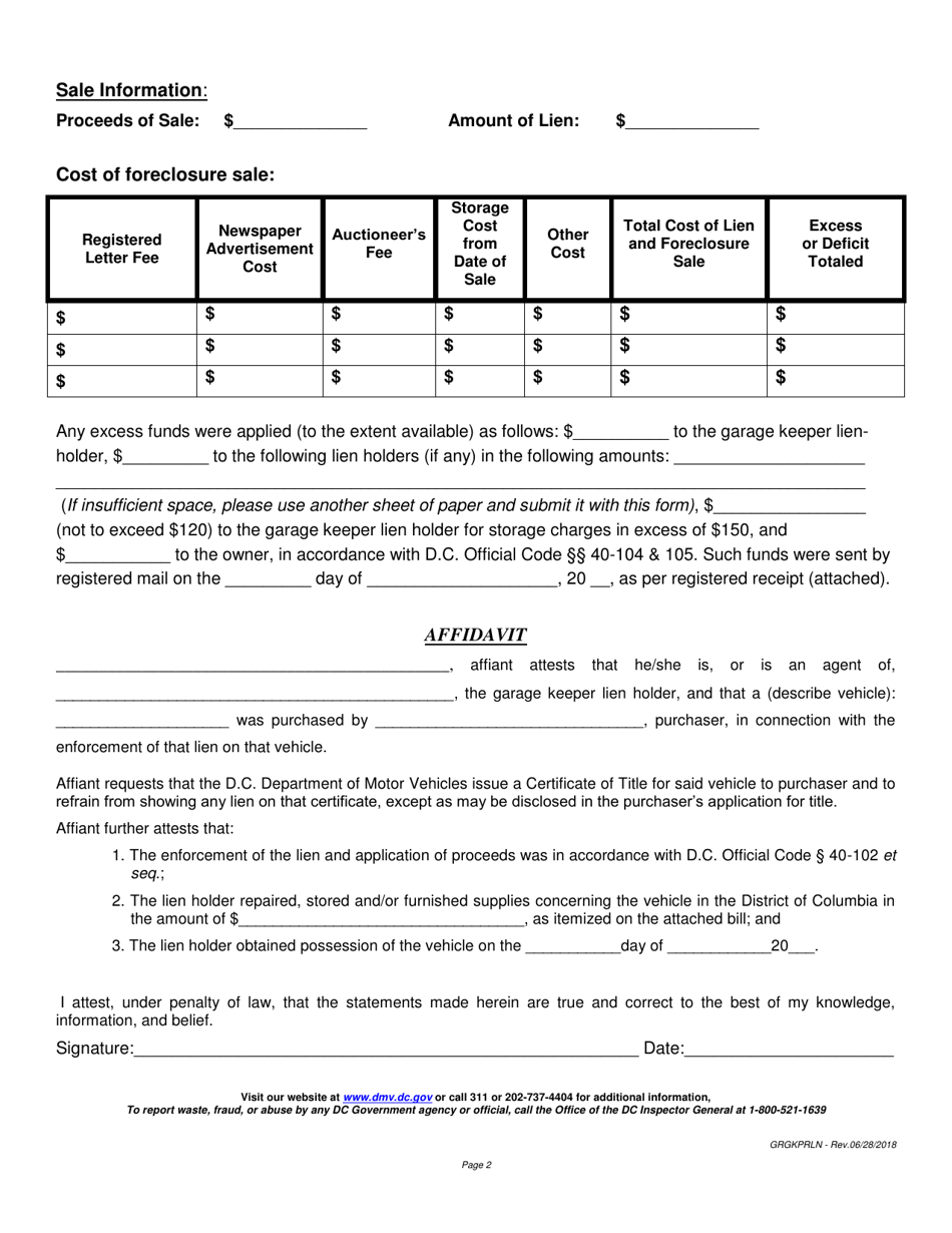 Requirements to Obtain a Title for a Vehicle Sold at an Auction to Enforce Garage Keepers Lien - Washington, D.C., Page 2
