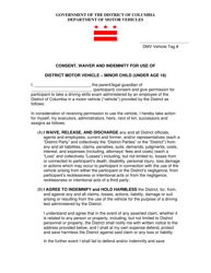Document preview: Consent, Waiver and Indemnity for Use of District Motor Vehicle - Minor Child (Under Age 18) - Washington, D.C.