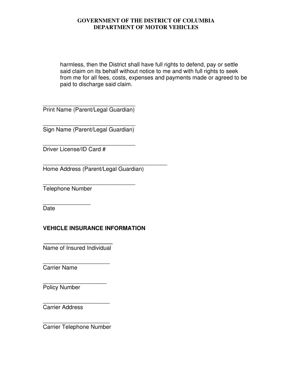 Consent, Waiver and Indemnity for Use of District Motor Vehicle - Minor Child (Under Age 18) - Washington, D.C., Page 2