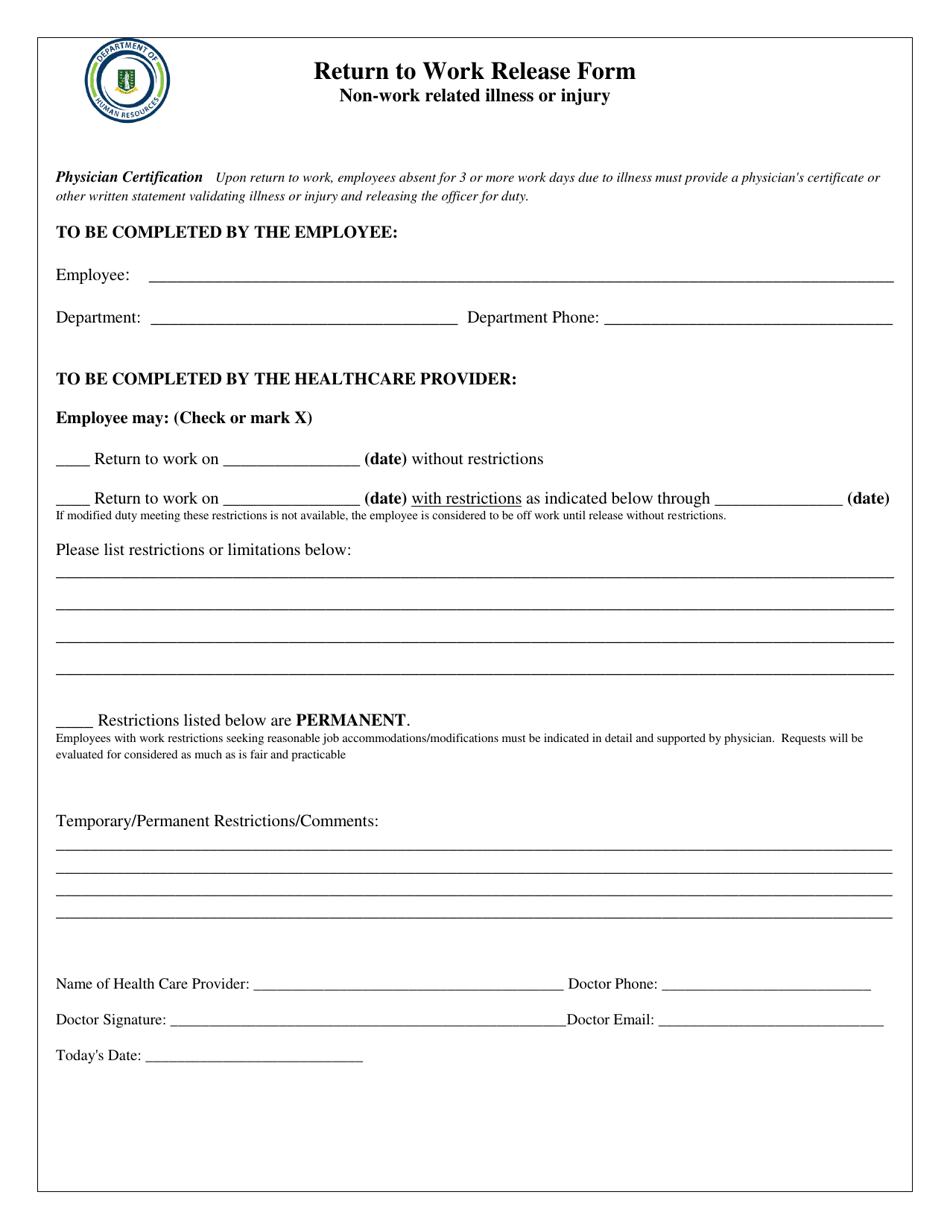 Return to Work Release Form - Non-work Related Illness or Injury - British Virgin Islands, Page 1