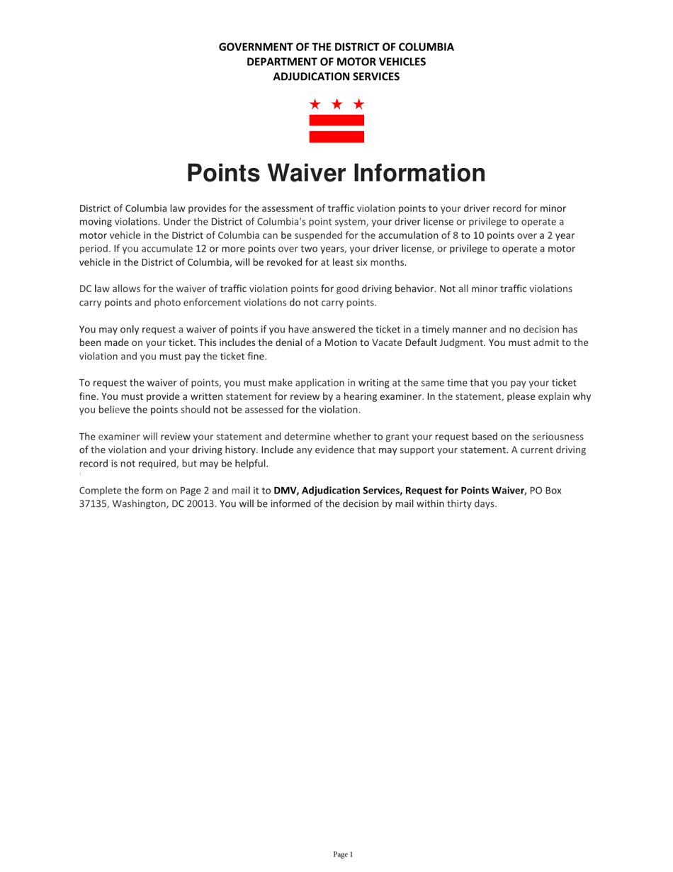 Request for Points Waiver - Washington, D.C., Page 1