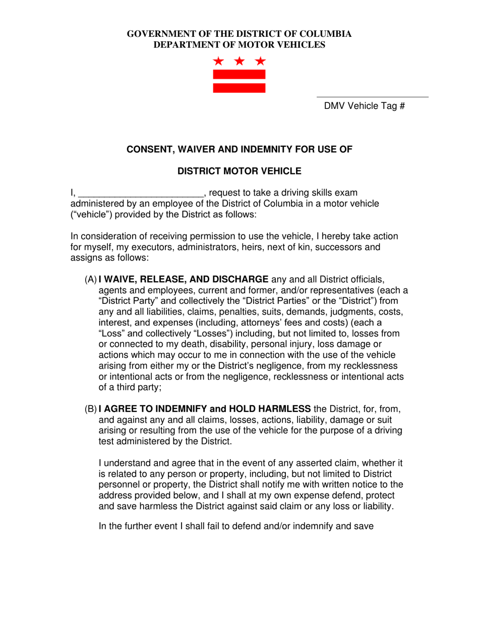 Consent, Waiver and Indemnity for Use of District Motor Vehicle - Washington, D.C., Page 1