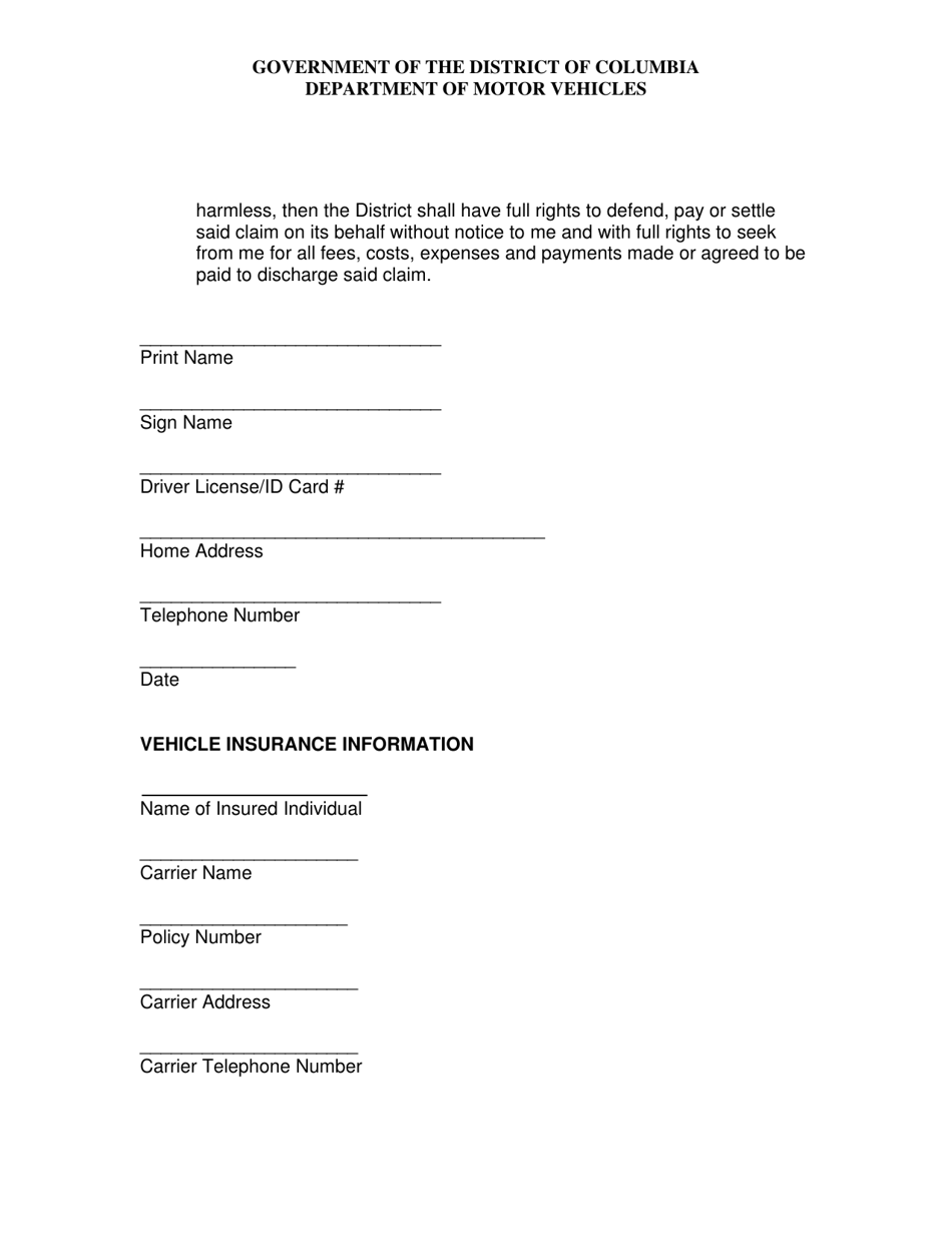 Consent, Waiver and Indemnity for Use of District Motor Vehicle - Washington, D.C., Page 2