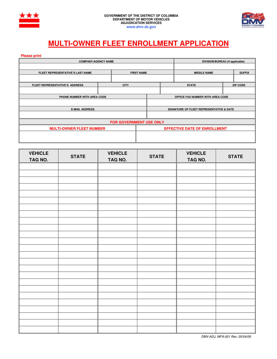 Form DMV-ADJ. MFA-001 Multi-Owner Fleet Enrollment Application - Washington, D.C., Page 1