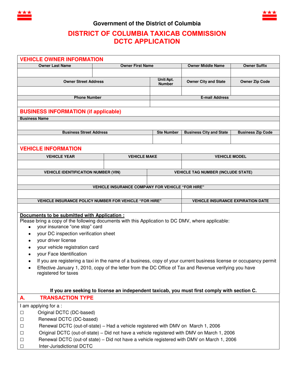 Taxicab Commission Dctc Application - Washington, D.C., Page 1