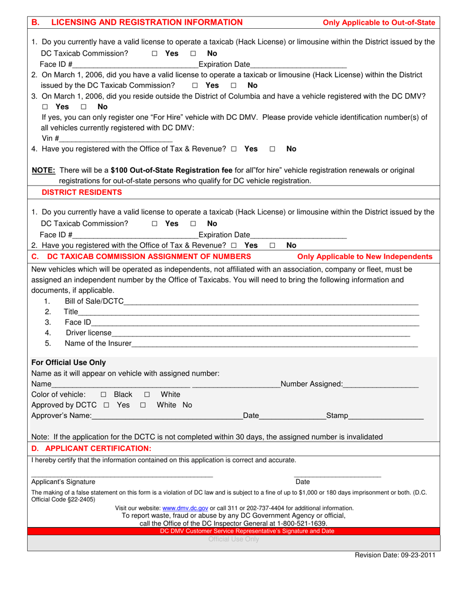 Taxicab Commission Dctc Application - Washington, D.C., Page 2