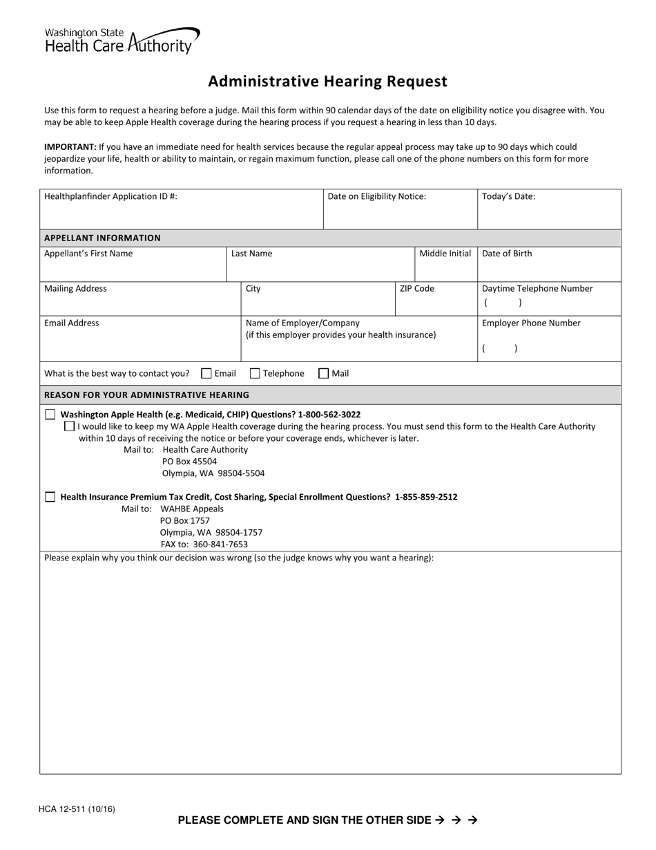 Form HCA12-511 Administrative Hearing Request - Washington, Page 1