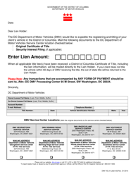Form DMV-VS-LH Letter-002 &quot;Lien Holder Letter&quot; - Washington, D.C.