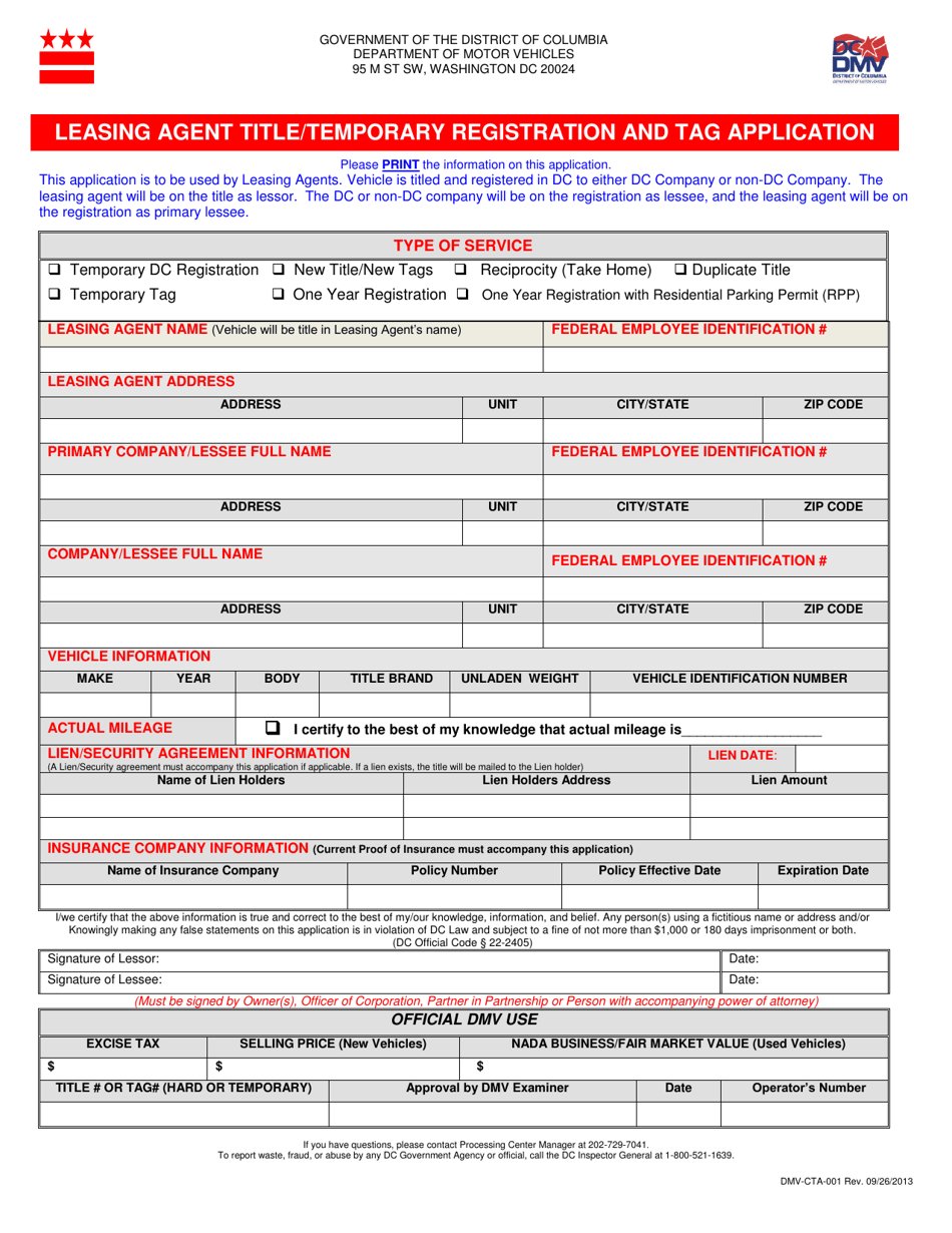 Form DMV-CTA-001 Leasing Agent Title/Temporary Registration and Tag Application - Washington, D.C., Page 1