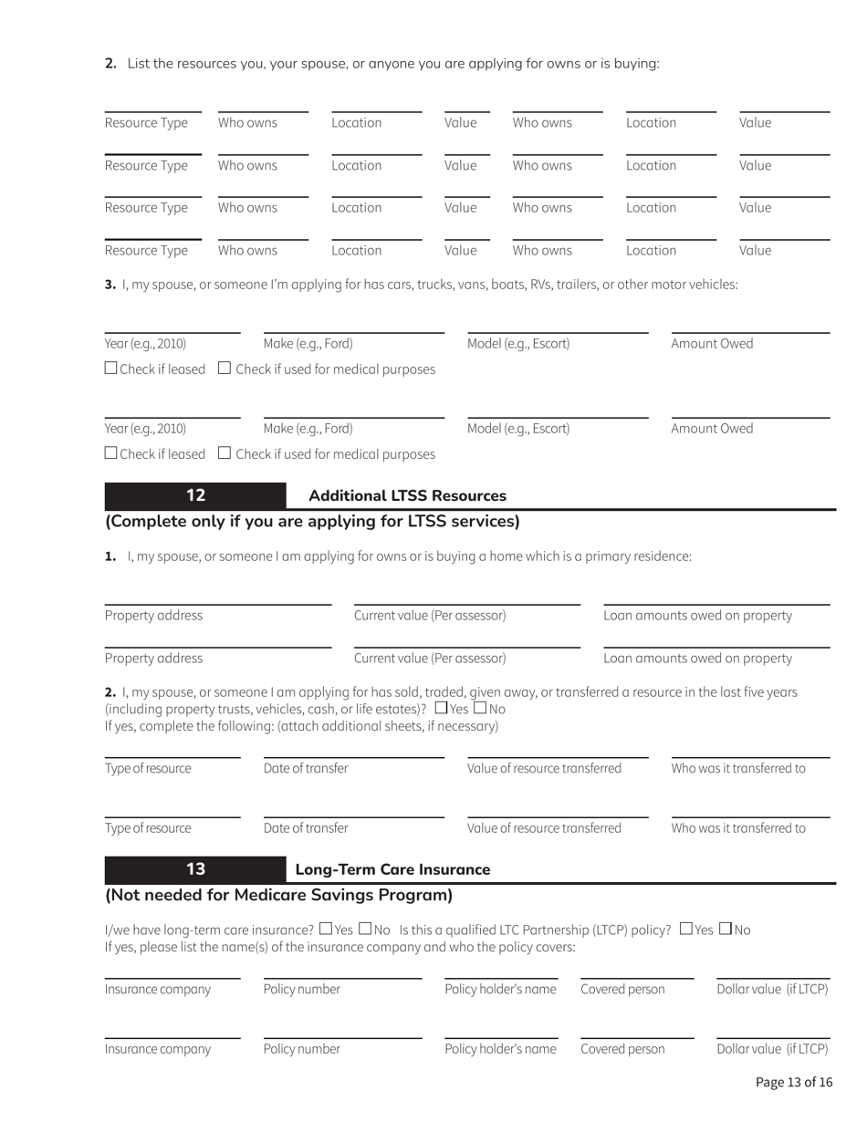 Form HCA18-005 Washington Apple Health Application for Aged, Blind, Disabled / Long-Term Services and Supports - Washington, Page 13