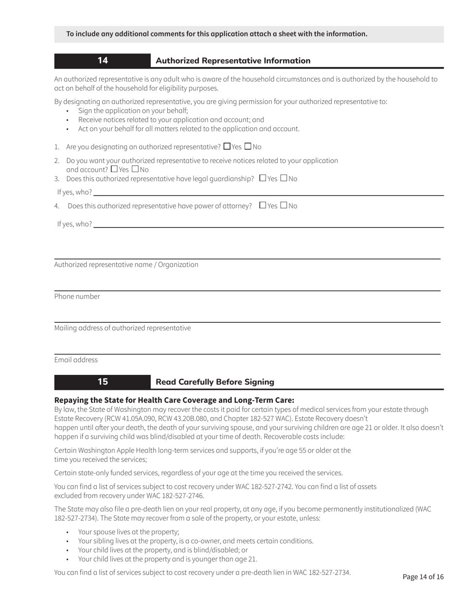 Form HCA18-005 Washington Apple Health Application for Aged, Blind, Disabled / Long-Term Services and Supports - Washington, Page 14