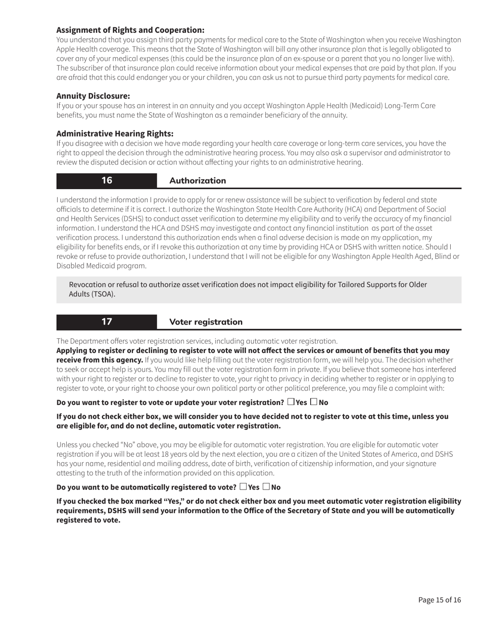 Form HCA18-005 Washington Apple Health Application for Aged, Blind, Disabled / Long-Term Services and Supports - Washington, Page 15