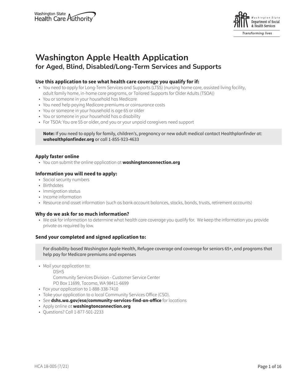 Form HCA18-005 Washington Apple Health Application for Aged, Blind, Disabled / Long-Term Services and Supports - Washington, Page 1