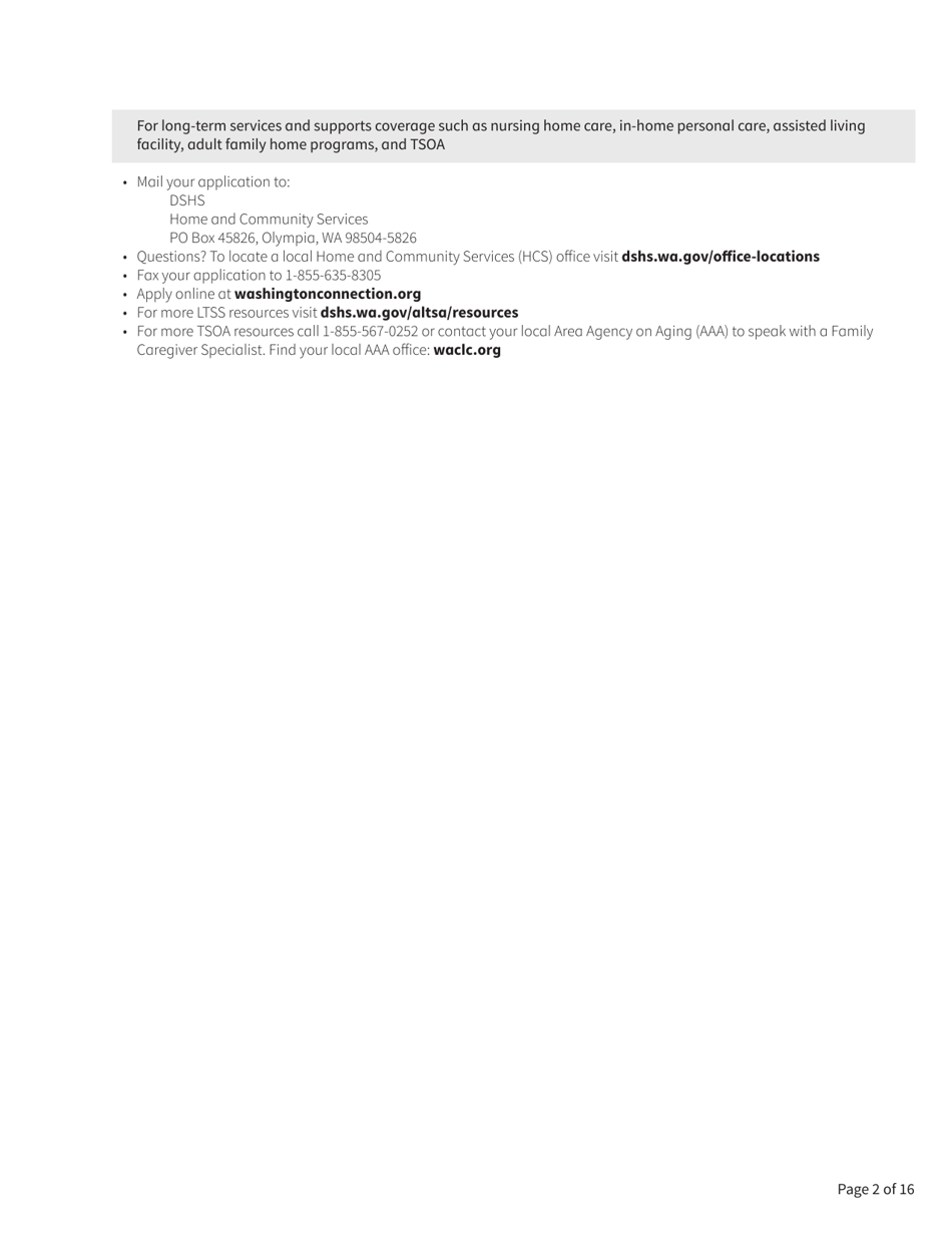 Form HCA18-005 Washington Apple Health Application for Aged, Blind, Disabled / Long-Term Services and Supports - Washington, Page 2