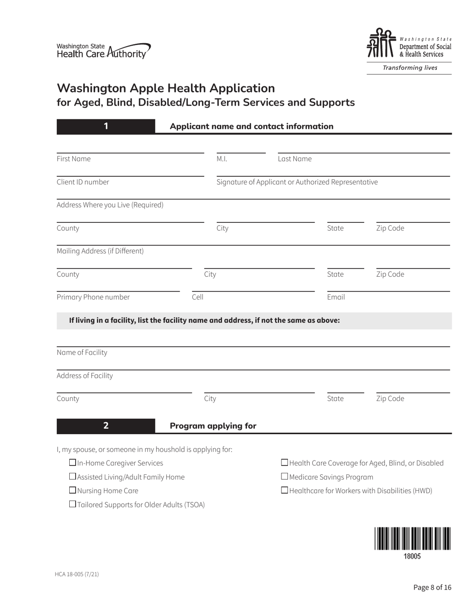 Form HCA18-005 Washington Apple Health Application for Aged, Blind, Disabled / Long-Term Services and Supports - Washington, Page 8