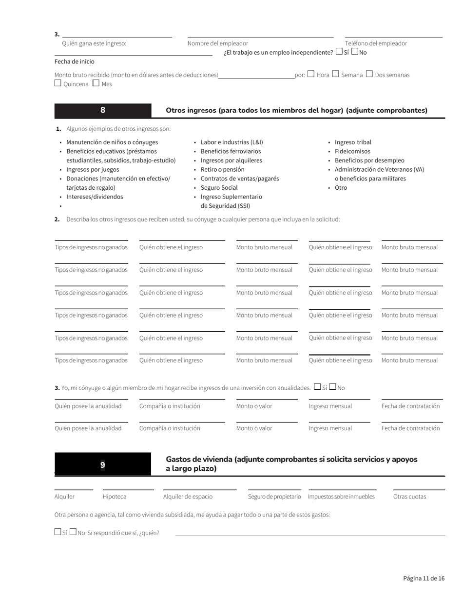 Formulario HCA18-005 Solicitud De Washington Apple Health Para Personas Ancianas, Ciegas, Discapacitadas / Servicios Y Apoyos a Largo Plazo - Washington (Spanish), Page 11