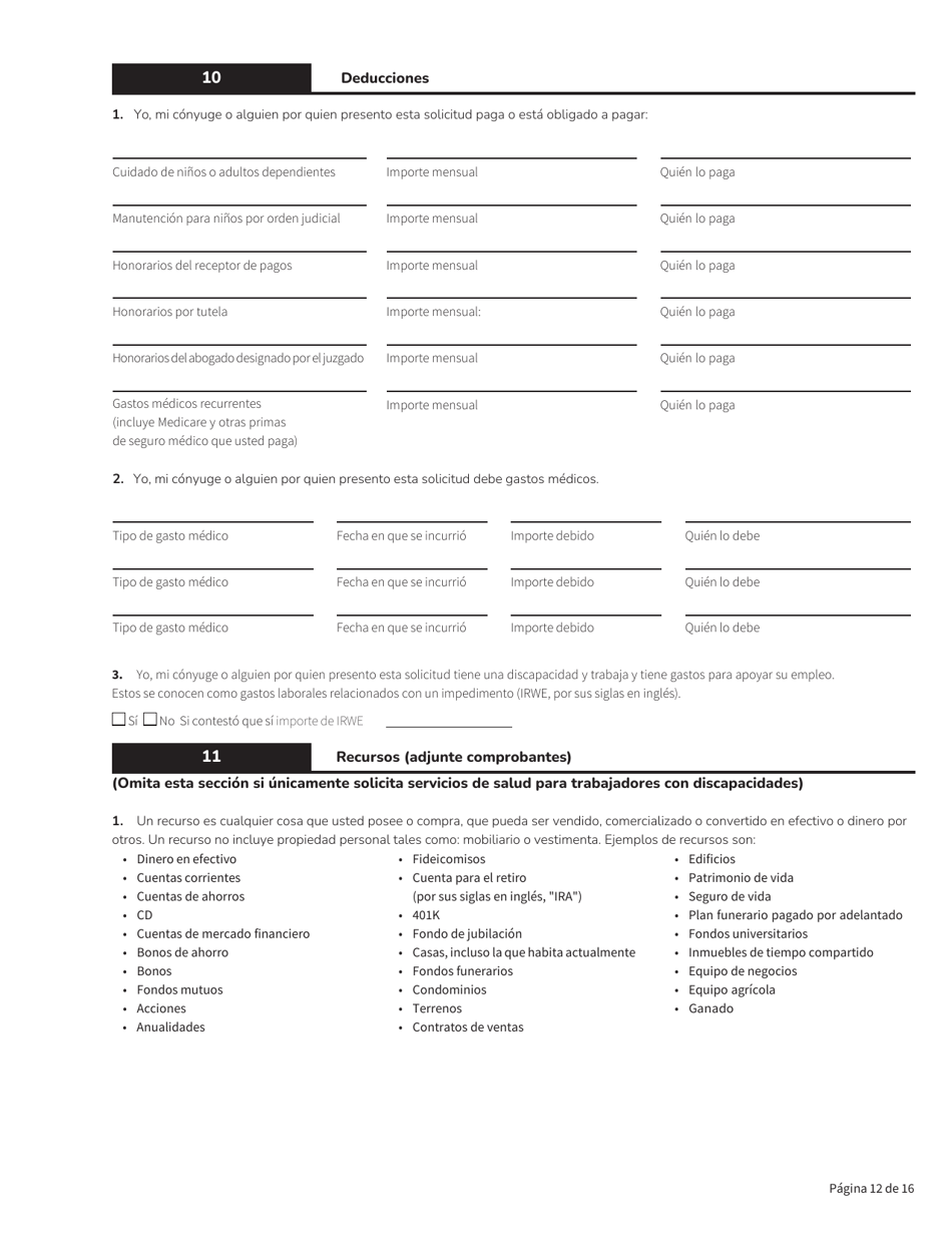 Formulario HCA18-005 Solicitud De Washington Apple Health Para Personas Ancianas, Ciegas, Discapacitadas / Servicios Y Apoyos a Largo Plazo - Washington (Spanish), Page 12