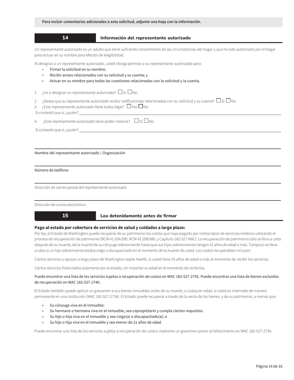 Formulario HCA18-005 Solicitud De Washington Apple Health Para Personas Ancianas, Ciegas, Discapacitadas / Servicios Y Apoyos a Largo Plazo - Washington (Spanish), Page 14