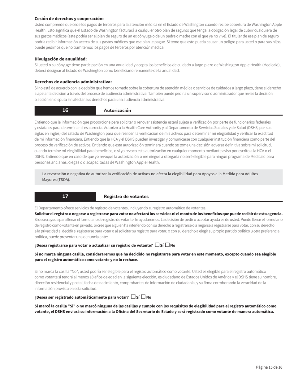 Formulario HCA18-005 Solicitud De Washington Apple Health Para Personas Ancianas, Ciegas, Discapacitadas / Servicios Y Apoyos a Largo Plazo - Washington (Spanish), Page 15