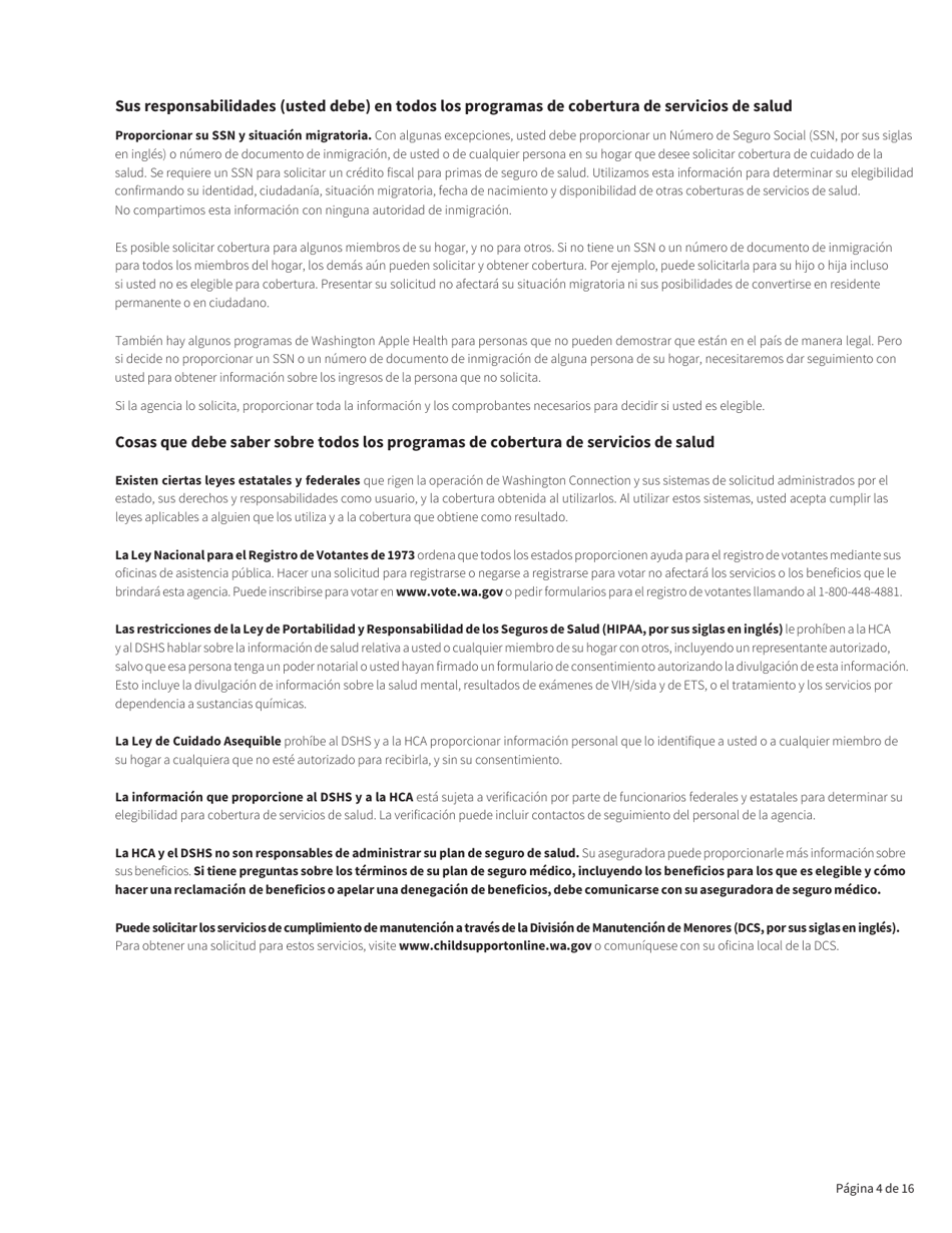 Formulario HCA18-005 Solicitud De Washington Apple Health Para Personas Ancianas, Ciegas, Discapacitadas / Servicios Y Apoyos a Largo Plazo - Washington (Spanish), Page 4