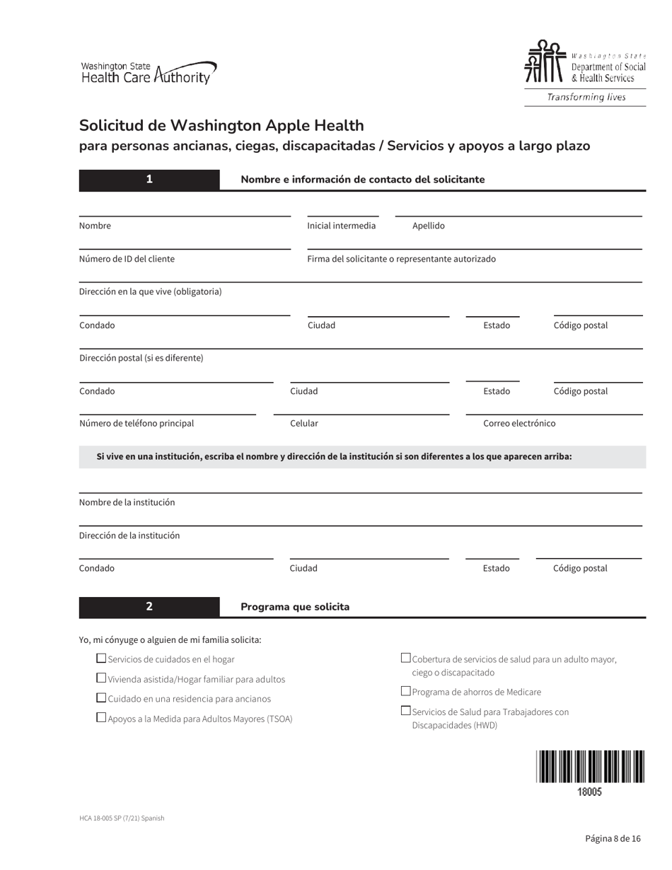 Formulario HCA18-005 Solicitud De Washington Apple Health Para Personas Ancianas, Ciegas, Discapacitadas / Servicios Y Apoyos a Largo Plazo - Washington (Spanish), Page 8