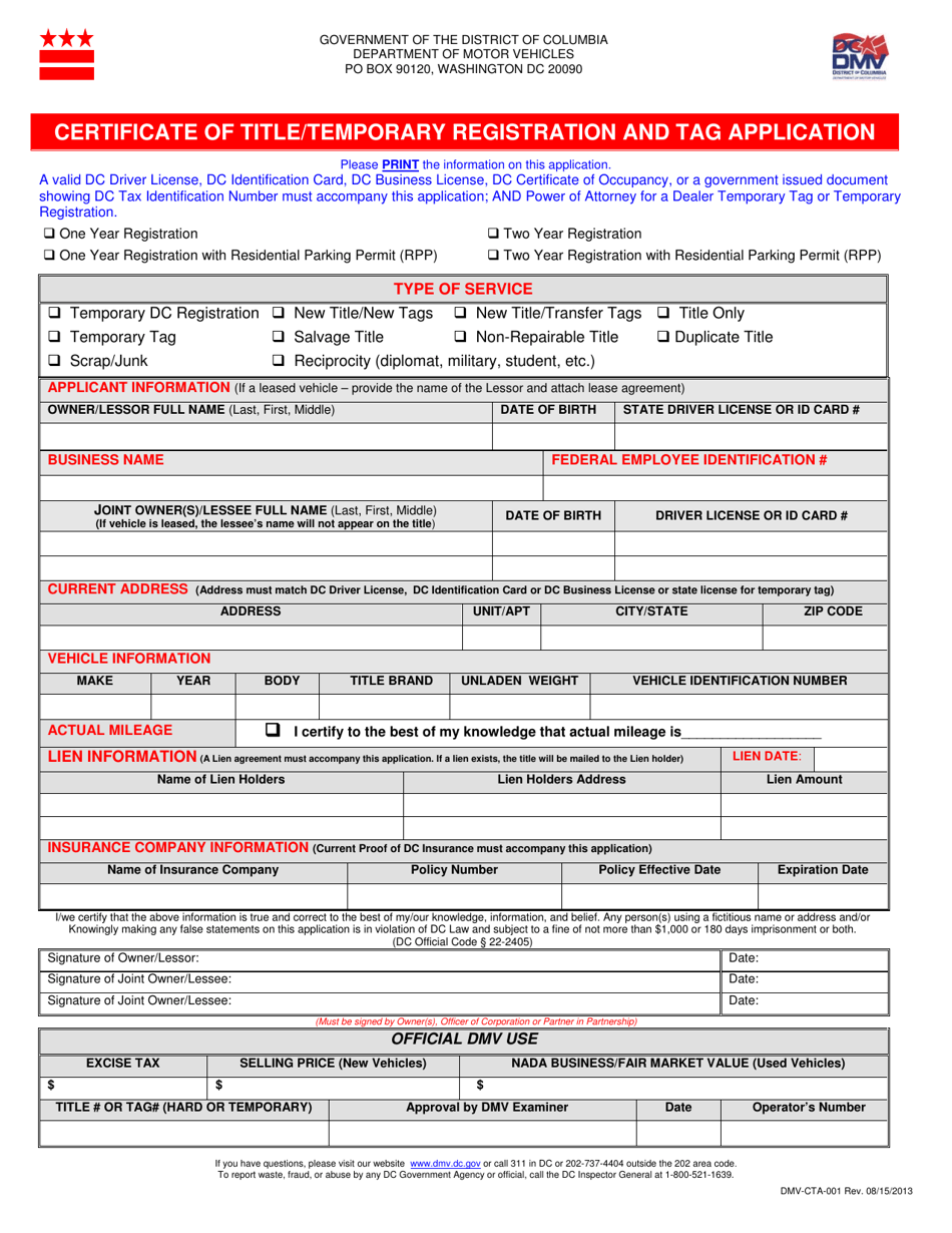 Form DMV-CTA-001 Certificate of Title/Temporary Registration and Tag Application - Washington, D.C., Page 1